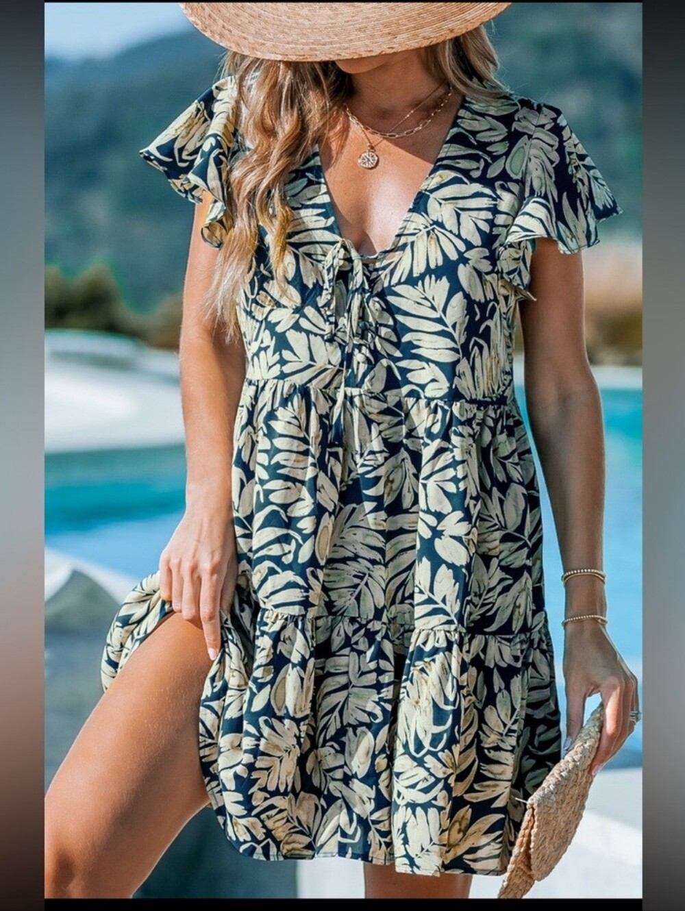 Cupshe Navy and Cream Tropical Leaf Dress